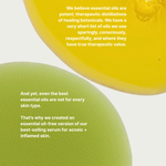 Two facial oil serums, one yellow and one green, with text about essential oils and a serum on a white background.