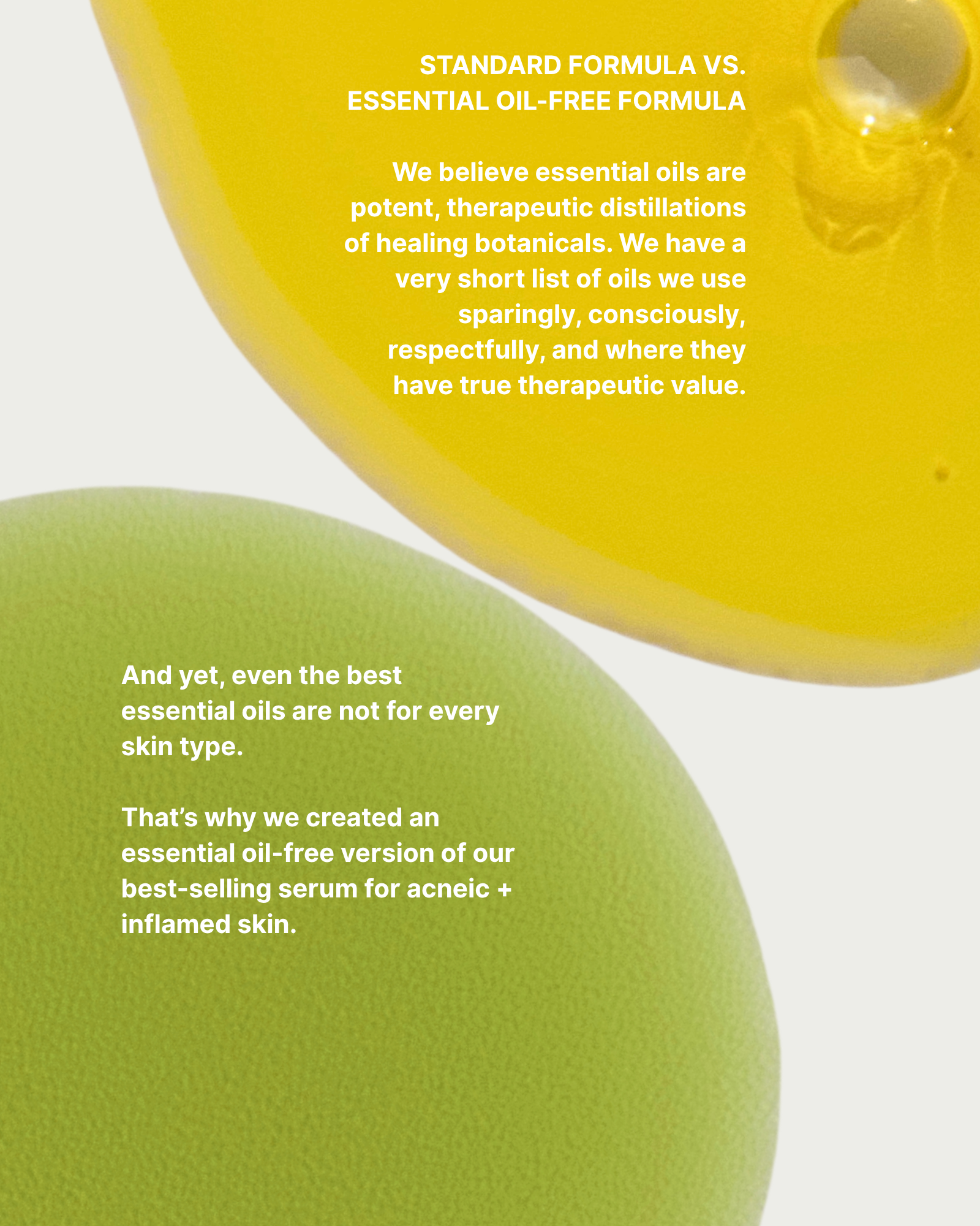 Two facial oil serums, one yellow and one green, with text about essential oils and a serum on a white background.