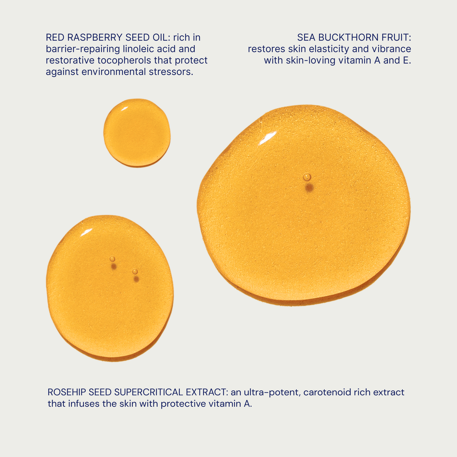 Orange facial oil serum on a light beige background with information about ingredients